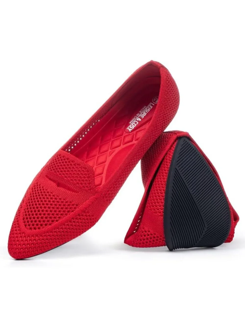 Women's Red Pointed Toe Penny Dressy Ballet Knit Mesh Slip On Flat Loafer Shoes